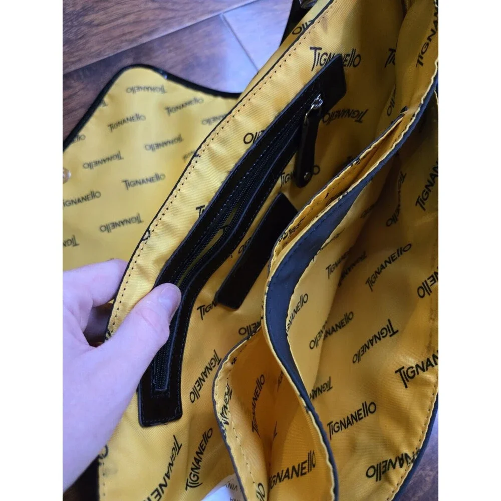 Tignanello Messenger Shoulder Bag Black Yellow Interior Laptop Computer Purse